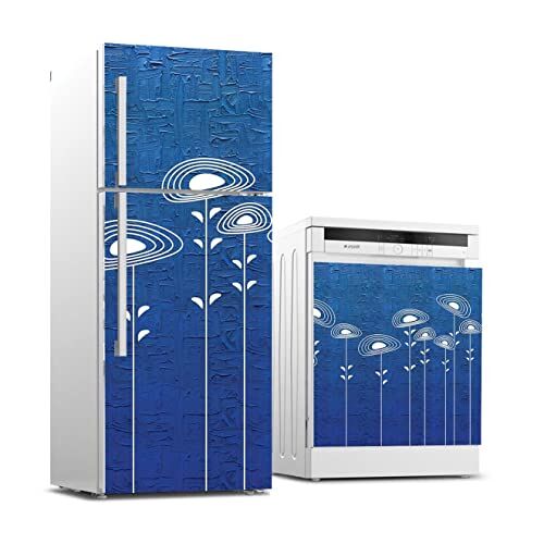 Buzdolabı ve Bulaşık Makinesi Beyaz Eşya Sticker Kaplama Mavi Beyaz Çiçekler
