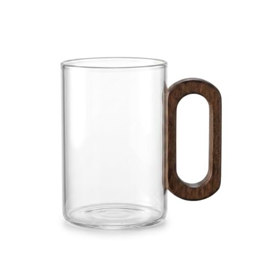 1 Adet Akasya Ahşap Kulplu Borosilikat Cam Kupa - 220 ml, 300 ml ve 400 ml Boy Seçenekleri, Isıya Dayanıklı Düz ve Çizgili Tasarım (Düz 300 ML)
