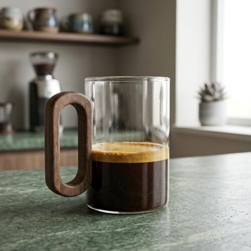1 Adet Akasya Ahşap Kulplu Borosilikat Cam Kupa - 220 ml, 300 ml ve 400 ml Boy Seçenekleri, Isıya Dayanıklı Düz ve Çizgili Tasarım (Düz 300 ML)