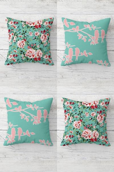 Vintage Güller ve Daldaki Kuşlar Gizli Fermuarlı Kırlent Kılıfı Takım (4 adet), Narçiçeği-Yeşil-Pembe 45 x 45