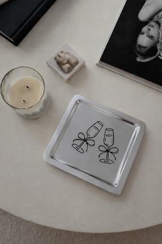 Kadeh Desenli Kare Paslanmaz Çelik Çay Söz Nişan Sunum ve Dekoratif Tepsi