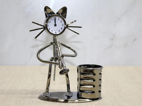 Metal Saksafon Çalan Kedi Müzisyen Saat Ve Kalemlik Alk4346