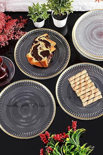 Marsilya Cam Pasta-Kek-Tatlı Tabağı 6'lı Şeffaf/Kenarları Altın Yaldızlı-21 cm