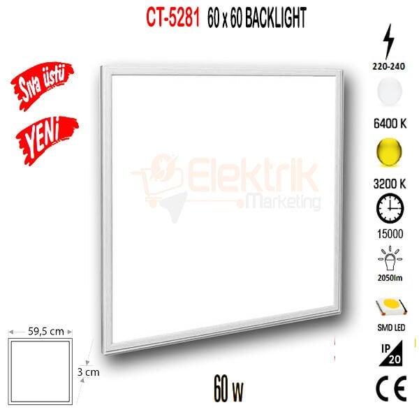 Cata 60W Sıva Üstü (60X60) Led Panel (Beyaz) CT-5281