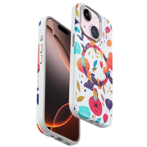 Onegif Apple İphone 15 Plus Flower Series Magsafe Kapak - Beyaz