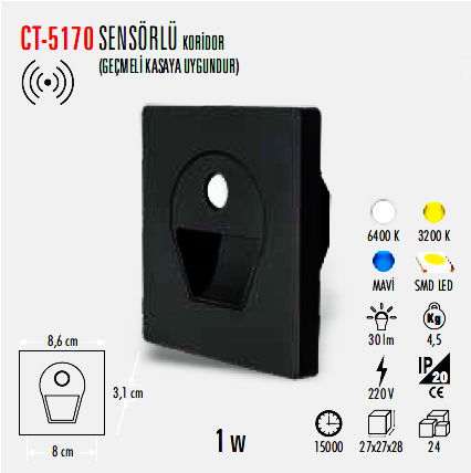 Cata 1W Sensörlü Ledli Koridor Armatürü Siyah Kasa(Beyaz) CT-5170Sb