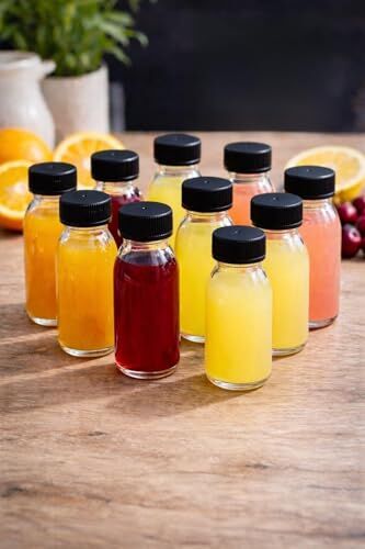 Tanemce 10 Adet 60 ml Kilitli Siyah Kapaklı Şeffaf Detox Shot Şişesi 60 Cc Ginger Şat Beyaz Cam Şişe