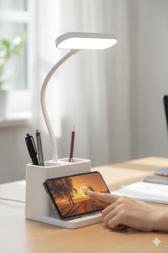 USB Şarjlı LED Masa Lambası, Kalemlikli, Dokunmatik, 3 Kademeli, 360 Derece Dönebilen
