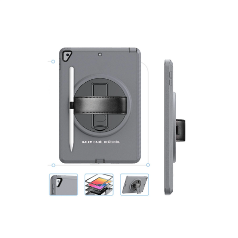 Apple İpad 10.2 (7.nesil) Kılıf Hand Strap Tablet Kılıfı - Gri
