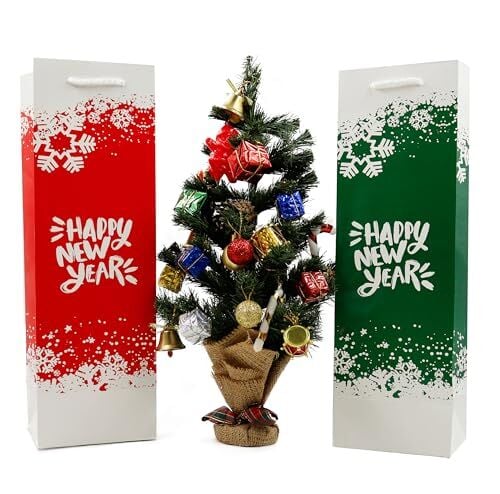 12x38 Yılbaşı Temalı Şişe Boy Karton Çanta, 2'li Set, Yılbaşı Hediye Paketi