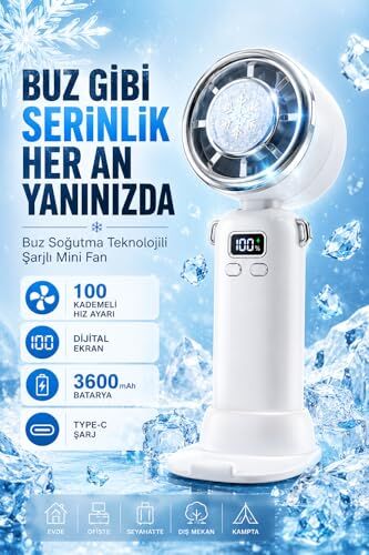 Taşınabilir El ve Masaüstü Fanı, 200 Kademeli Ayarlanabilir Hız, Dijital Ekranlı, Şarj Edilebilir, Çıkarılabilir Standlı