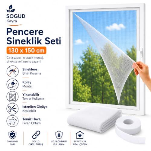 Kayra 1'li Set Pencere Sinekliği 130x150 cm - Yapışkanlı Cırtlı Sineklik Tülü - Yıkanabilir Tekrar Kullanılabilir Kesilebilir Sinek Perdesi - Geniş Pencere için
