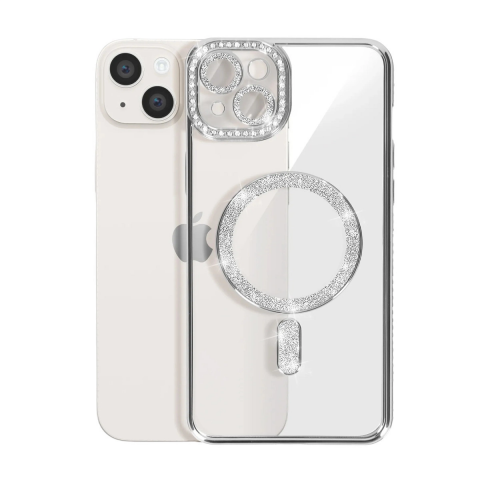 Apple İphone 15 Kılıf Joke Simli Magneticsafe Kılıf - Gümüş