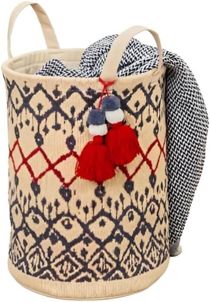 Kilim Desenli Yuvarlak Sepet El ve Plaj Çantası – 37x30 cm, Çok Amaçlı Dekoratif Organizer, Saklama ve Taşıma Çantası, Estetik ve Dayanıklı Tasarım