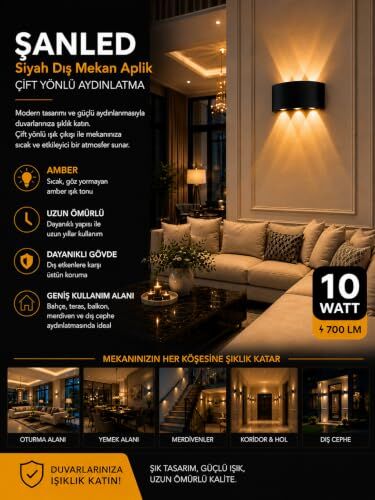 Dekoratif 10W Çift Yönlü İç-Dış Mekan Duvar Aplık-10, Siyah Kasa, Amber Renk Işık, 10 Adet (2, Amber Renk)