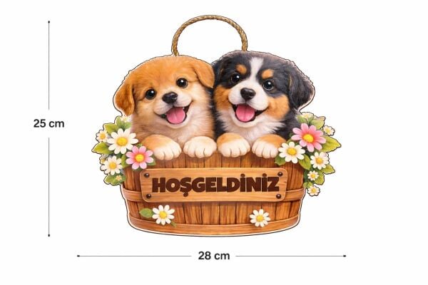 Hoş Geldin Köpek Çiçek Dekorlu Ahşap Kapı Süsü, 28-25 cm