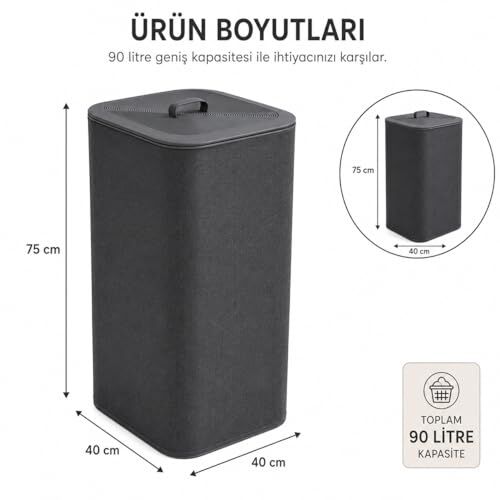90 L İki Bölmeli Kirli Çamaşır Sepeti, Çıkarılabilir Astarlı, Kapaklı, Katlanabilir, Gri