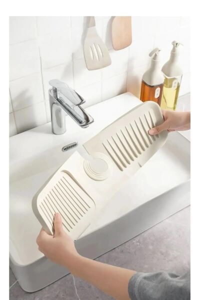 Krem Elastik Musluk Matı, Su Tutucu ve Kaydırmaz Tabanlı Mutfak Banyo Lavabo Organizeri
