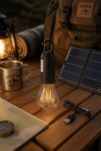 Kamp Lambası, Type C Şarjlı, Solar Şarj Destekli Taşınabilir LED Kamp Ampulü Sıcak Işık Modlu Askılı Acil Durum Çadır Lambası Outdoor Gece Lambası