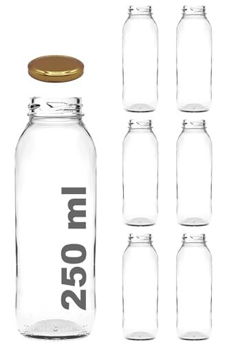 250 ml Metal Kapaklı Meyve Suyu, Meşrubat, Limonata Şişesi, 250 cc Cam Şişe, 6 Adet (Altın/Gold)