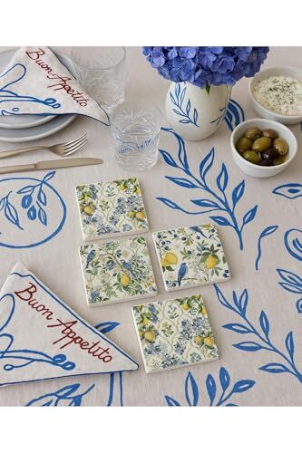 Limon ve kuş desenli doğal taş bardak altlığı, 4'lü set