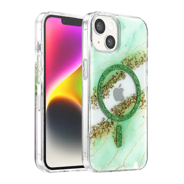 Onegif Apple iPhone 14 Lotus Simli Magsafe Kapak - Yeşil