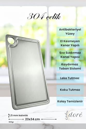 Paslanmaz Çelik Kesme Tahtası, 304 Çelik, Antibakteriyel Yüzey, Kaydırmaz Taban, Özel Kanal, 23x34 cm, 1.5 mm, 900 g