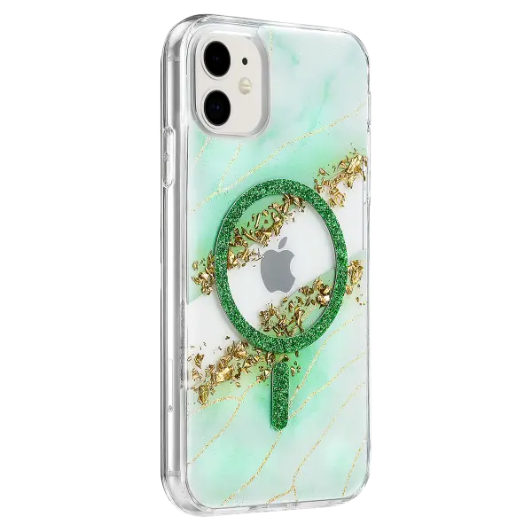 Onegif Apple iPhone 11 Lotus Simli Magsafe Kapak - Yeşil