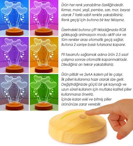 Doğum Günü Hediyesi, Balon Kalpler Kişiye Özel 3D LED Lamba