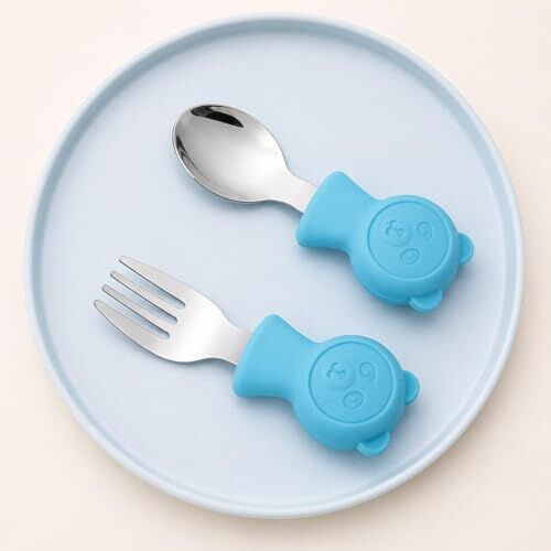 Çatal, 304 Çelik Panda Bebek Kaşık SetiSilikon Saplı Bpa İçermez Ergonomik Kaymaz Mavi