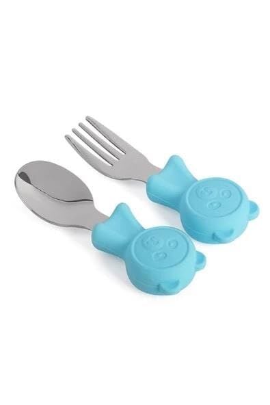 Çatal, 304 Çelik Panda Bebek Kaşık SetiSilikon Saplı Bpa İçermez Ergonomik Kaymaz Mavi