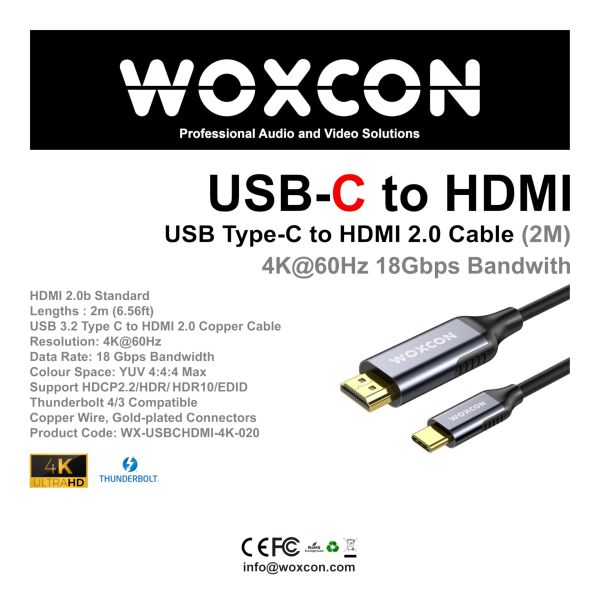 USB-C to HDMI kablo, USB 3.2 Type C, HDMI2.0b, 4K 60Hz, 18Gbps, Hdr, HDR10,3D, HDCP2.2