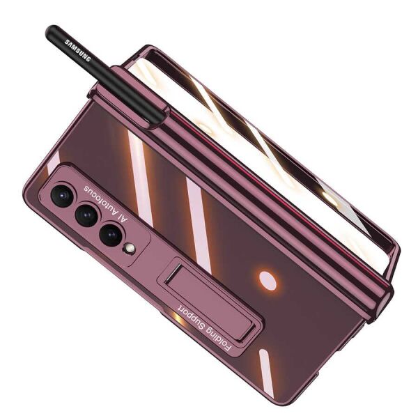 Samsung Galaxy Z Fold 4 ile Uyumlu Kılıfı Şeffaf Kamera Lens Korumalı Standlı Kalem Bölmeli İnce Kapak Kıpta Gold