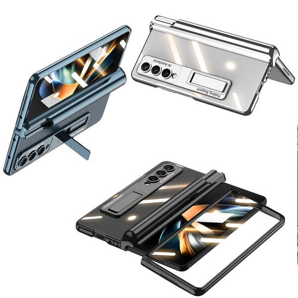 Samsung Galaxy Z Fold 4 ile Uyumlu Kılıfı Şeffaf Kamera Lens Korumalı Standlı Kalem Bölmeli İnce Kapak Kıpta Gold