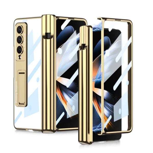 Samsung Galaxy Z Fold 4 ile Uyumlu Kılıfı Şeffaf Kamera Lens Korumalı Standlı Kalem Bölmeli İnce Kapak Kıpta Gold