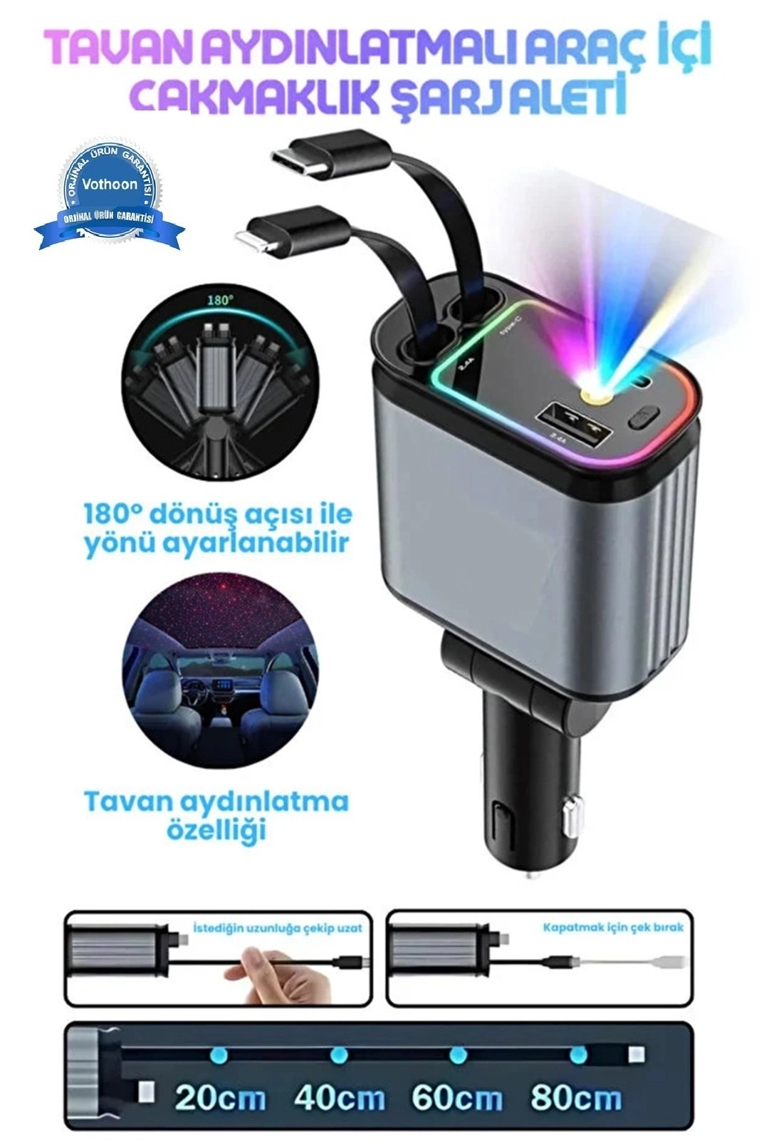 Led Işık Tavan Aydınlatmalı 66w 4’1 Çift Kablolu Hızlı Şarj 3.4a Araç İçi Çakmaklık Şarj Aleti
