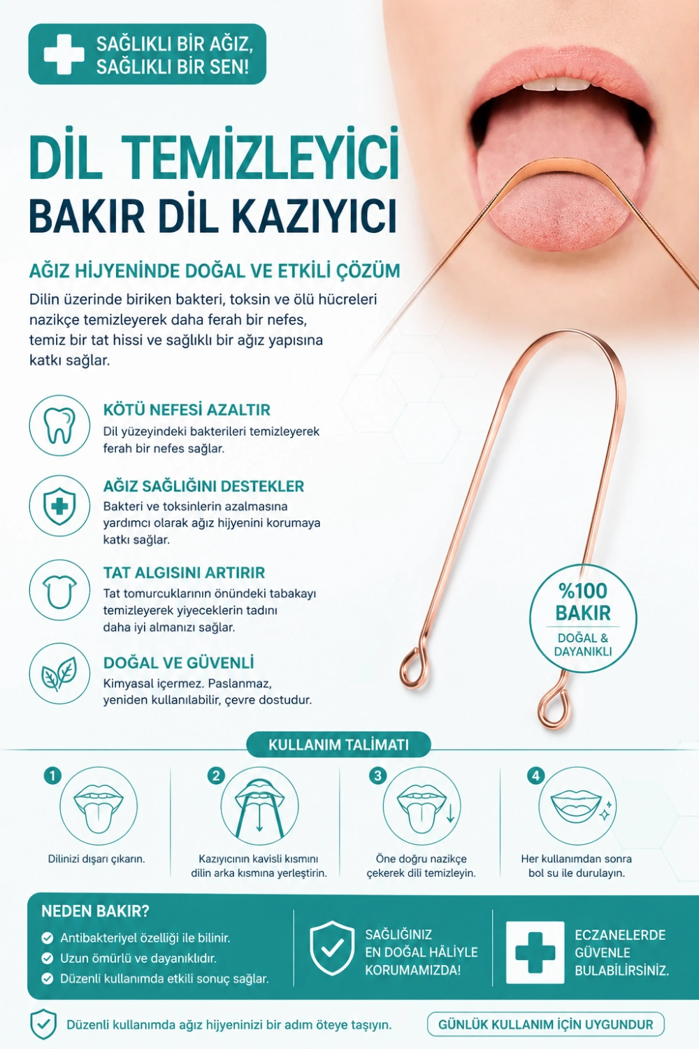 Bakır Dil Temizleme Aparatı – Dil Temizleyici – Ağız Bakım Aparatı – Dil Kazıyıcı – Metal Dil Temizleme Ekipmanı