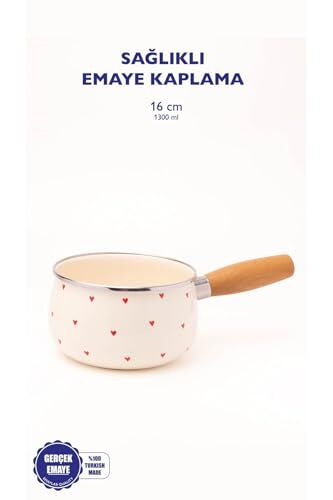 Ahşap Saplı Kalp Desenli Emaye Sos Tavası 16 Cm 1,3 L, İndüksiyon Dahil Tüm Ocaklara Uygun