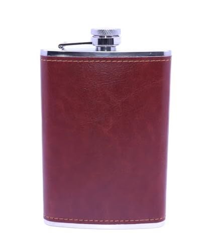 Kahverengi Deri Kaplama Paslanmaz Çelik Cep Matarası, Hip Flask 9 OZ