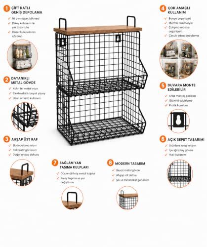 2 Katlı Ahşap Raflı Metal Organizer Sepet, Duvara Monte Edilebilir Mutfak ve Banyo Düzenleyici, Üst Üste Takılabilir Baharatlık, Meyvelik ve Sebzelik