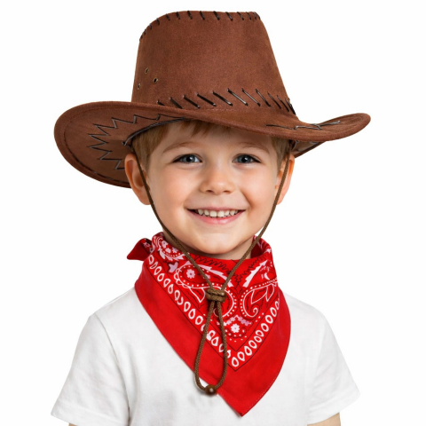 Çocuk Kovboy Şapka Kahverengi  Kırmızı Bandana Seti