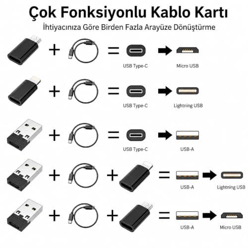 USB C çok fonksiyonlu adaptör seti, 6'sı 1 arada, Type-C, Lightning, Micro USB ve USB-A, 60W hızlı şarj