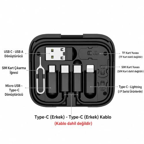 USB C çok fonksiyonlu adaptör seti, 6'sı 1 arada, Type-C, Lightning, Micro USB ve USB-A, 60W hızlı şarj